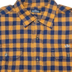 Fish Hippie Mens Long Sleeve Plaid Flannel Shirt Orange Navy Blue Size L Fishing